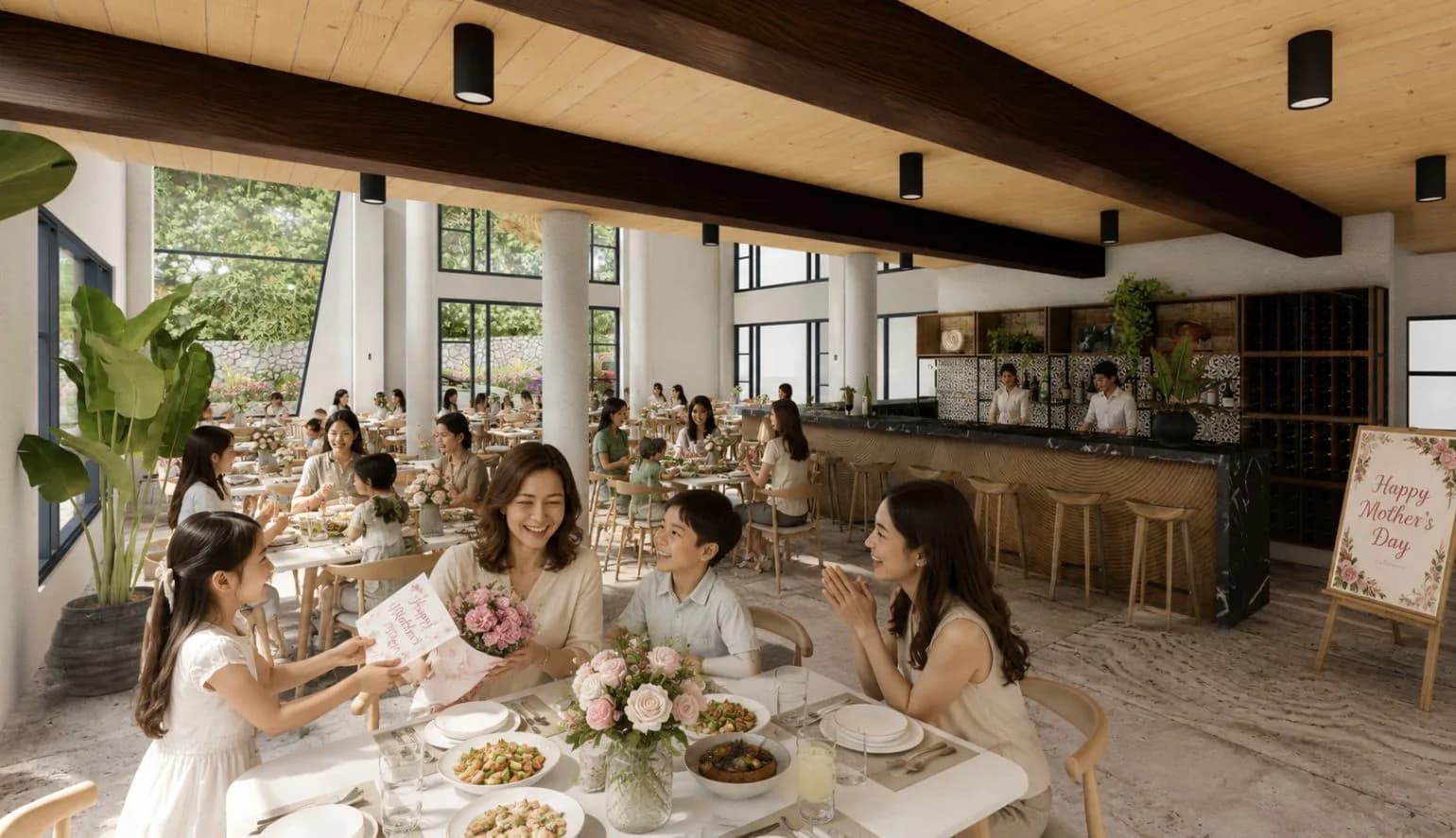 Guests gathered around long tables in the main dining room